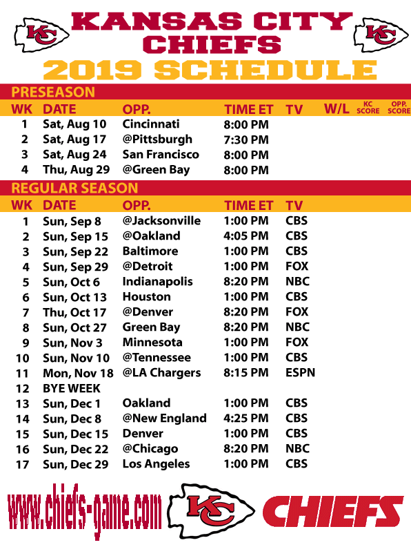 Printable Chiefs Schedule Francesco Printable